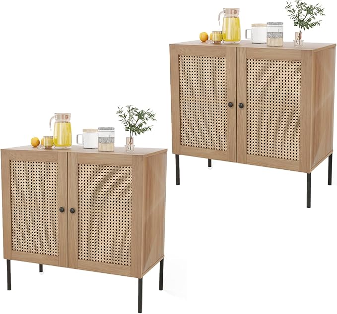 COSTWAY Buffet Cabinet with Storage, Storage Sideboard with Rattan Decorated Doors, Adjustable Shelf, Metal Legs, Accent Cabinet, Buffet Table Credenza for Hallway, Entryway, Living Room (2, Oak)
