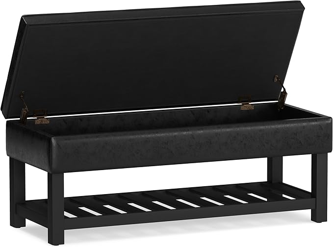 SIMPLIHOME Cosmopolitan Storage Ottoman Bench - 44 inch Wide Upholstered Vegan Leather Rectangle Storage Ottoman in Distressed Black, Transitional Bench for Bedroom with Tufted Lift-Top and Open Shelf