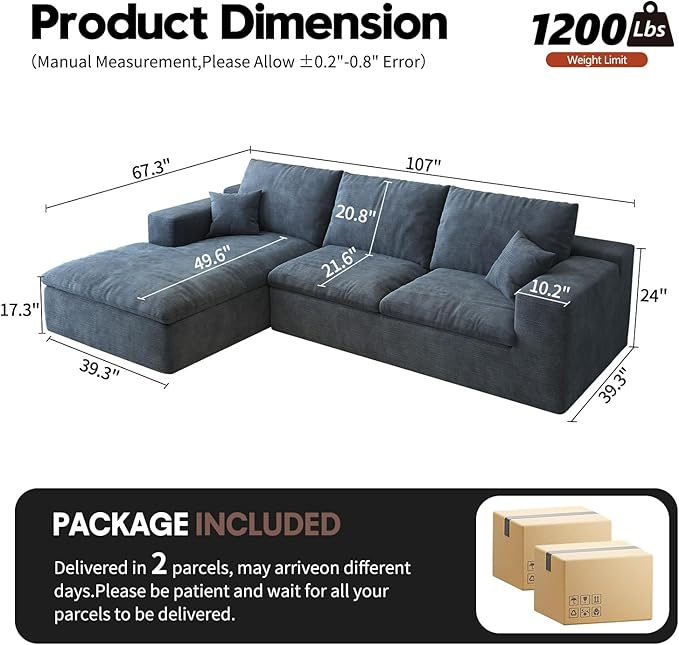 107'' L-Shaped Modern Modular Sectional Cloud Couch, 4-Seat Chenille Deep-Seat Sofa with Pillow for Living Room, Bedroom, Apartment, Ocean Blue