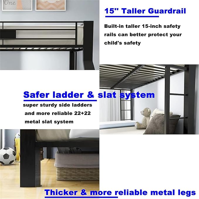 Upgraded Version Thicken Metal Full XL Over Queen Bunk Bed, Stronger Heavy Duty Steel Bunk Bed Full Over Queen Size, Best Bunkbed Frame for Adults, Easy Assembly, Black (Queen)