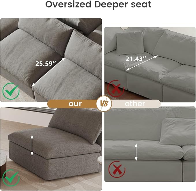 Cloud Modular Sectional Sofa,120" Down Filled Comfort Sofa Couch for Living Room,3 Seater Couches for Livingroon Apartment,Sofa Cover Washable and Replaceable,Grey