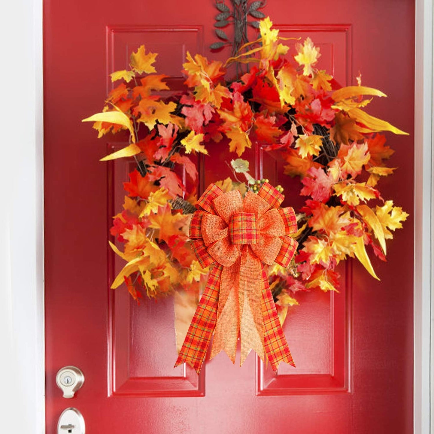 Iceyyyy Extra Large Fall Wreath Gift Bow -18.8x10.6inch Orange Buffalo Plaid Check Wreath Bow Swag Bow Thanksgiving Wreath Pre-Tied Bow For Fall, Thanksgiving, Christmas, Home Indoor Outdoor Ornaments
