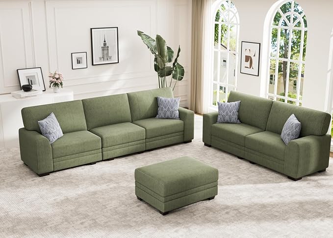 Wanderwell Oversized Modular Sectional Sofa, 6-Seater U Shaped Couches with Movable Ottoman,Corduroy Sectional Couch with Wide and Deep Seats Suitable for Living room,Bedroom,Apartment (Olive, 2+3+OT)