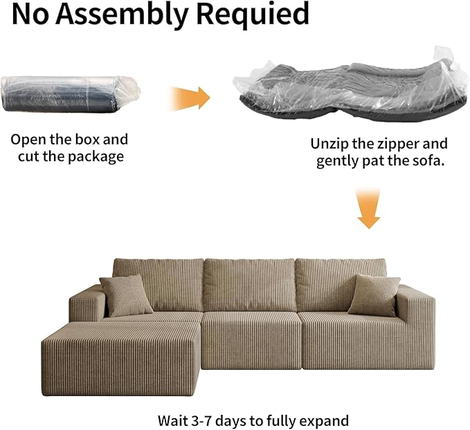 110" Boneless Cloud Sectional Couch for Living Room, Compressed Modular L-Shaped Sofa with Deep Seat, Frameless Corduroy Couch in Boxes, No Assembly Required 3-Seater (Right-Facing Chaise, Grey)