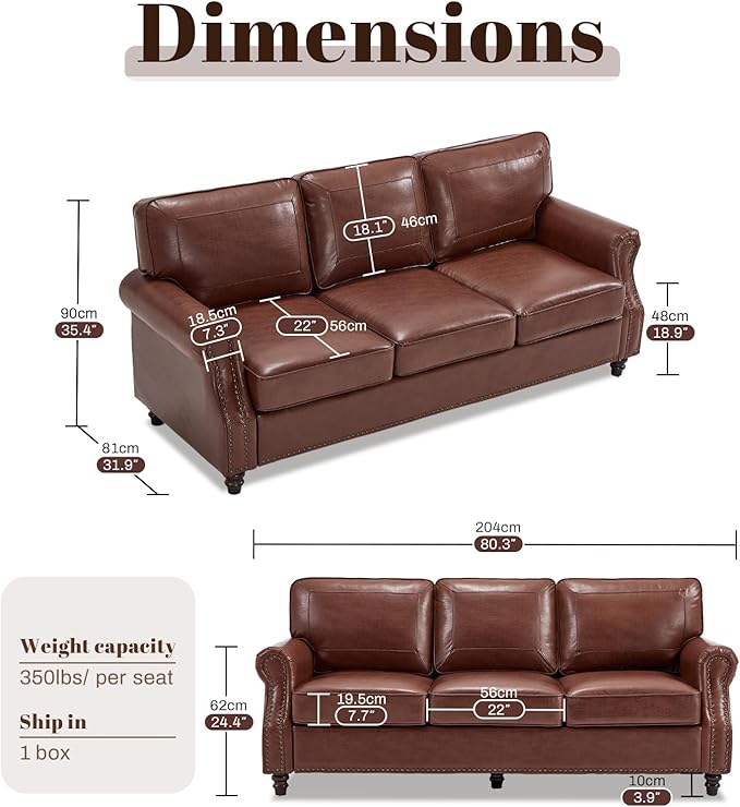 Kingfun Mid-Century Modern Couch, Faux Leather Sofa, 3 Seater Couch for Living Room with Rolled arms & Nailhead Trim, Dark Coffee