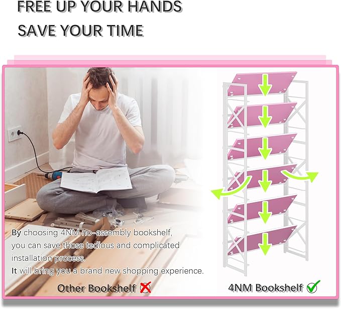 4NM 6 Tiers No Assembly Book Shelves, 61.8" H Folding Bookshelf Bookcase Open Industrial Foldable Shelves for Bedroom, Living Room, Home Office - Pink White