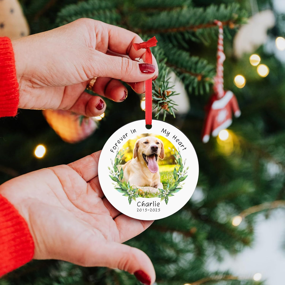 Personalized Pet Memorial Gifts, Forever in Our Hearts Photo Ornaments for Christmas Tree, Sympathy Remembrance Gifts for Loss of Dog Cat Pet