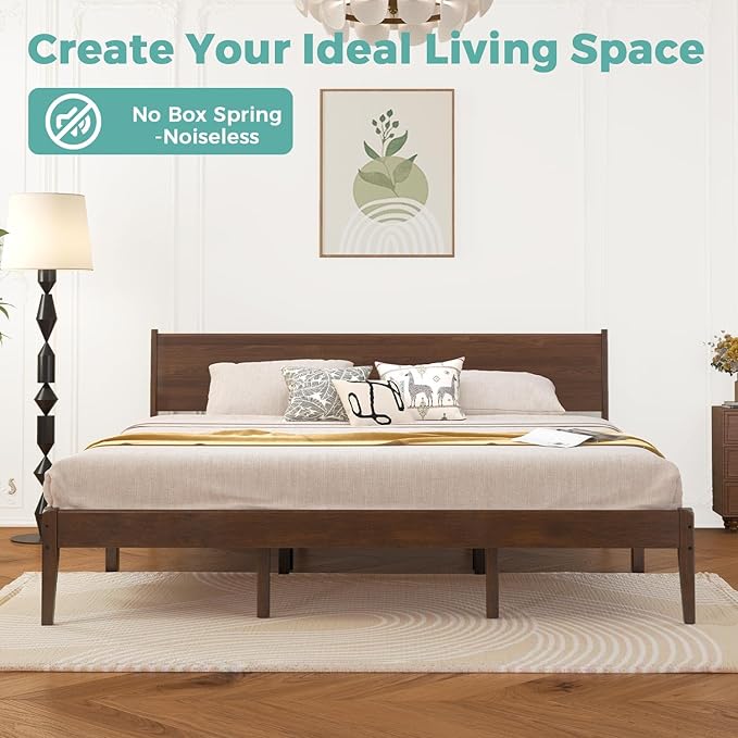 King Bed Frame and Headboard, Mid Century Platform Bed Frame, Malaysian Oak King Bedframe with Adjustable Support Legs, No Box Spring Needed, Easy Assembly, Antique Espresso