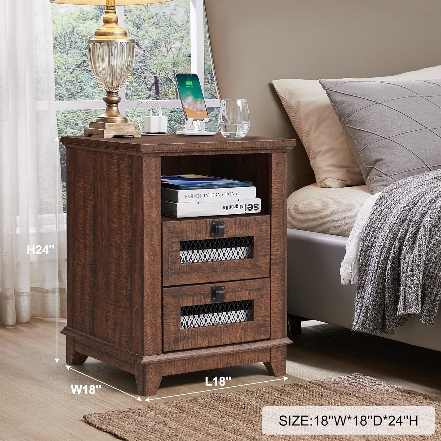 Nightstand with Charging Station,OKD 18'' Industrial & Farmhouse End Table with 2 Drawers &Open Cubby, Rustic Mesh Drawer Sofa Side Table w/Storage for Bedroom, Living Room, Office, Reclaimed Barnwood