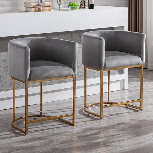Contemporary Grey Velvet Bar Stools Set of 2, 24" Upholstered Fabric Counter Height Barstools Kitchen Counter Island Stools with Golden Metal Base