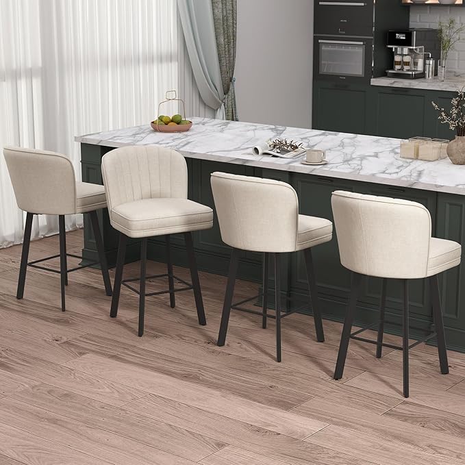 Swivel Counter Height Bar Stools Set of 6, 26'' Modern Barstools with Backs and Metal Legs, Upholstered Bar Chairs, Beige, Fabric Stools for Kitchen Island Chairs