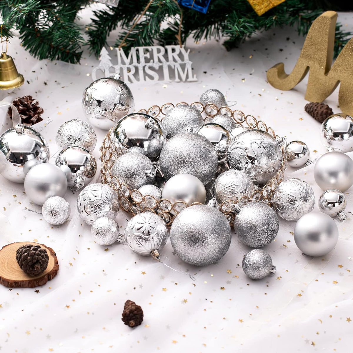 Christmas Ornaments for Xmas Trees,Silver Shatterproof Christmas Ball Ornaments