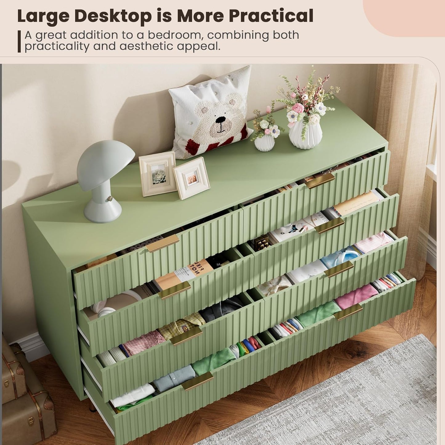 8 Drawer Dresser for Bedroom, Fluted 55" Wide Modern Chest of Drawers with Deep Drawers, Wooden Dresser Organizer for Living Room, Hallway, Kids Room, Green