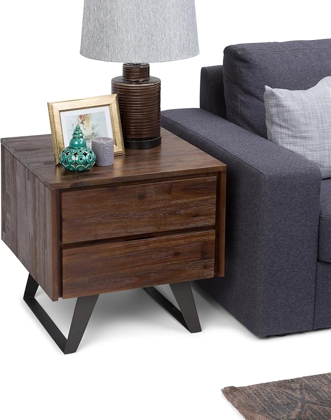 SIMPLIHOME Lowry SOLID ACACIA WOOD and Metal 22 inch Wide Square Modern Industrial Side Table in Distressed Charcoal Brown for the Living Room and Bedroom