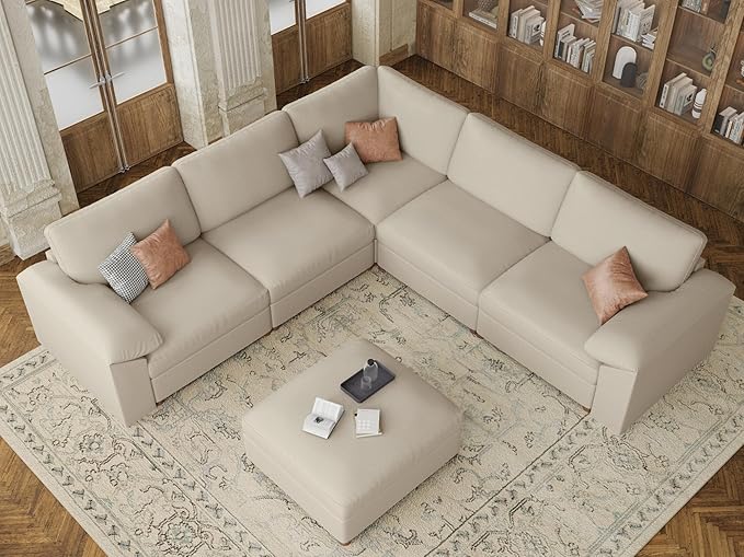 EASE MOOSE Oversized Corner Modular Sectional Sofa with Ottoman, Faux Leather Sectional Sofa with Deep Seat, Scratch Resistant Faux Leather Material, Extra Large L Shaped Couch,Beige