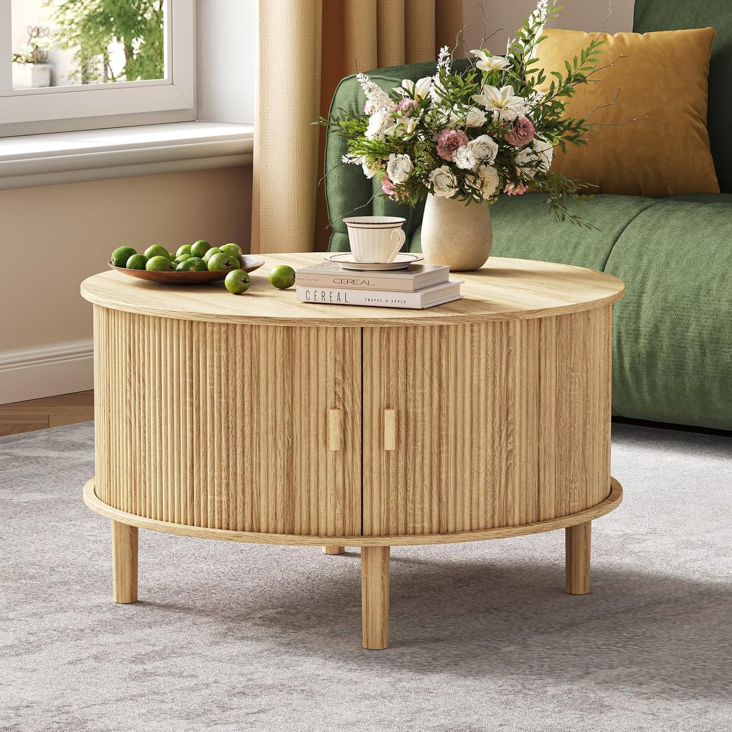 Round Coffee Table with Storage,Fluted Table with 360°Curved Sliding Doors,Solid Wood Legs, Mid Century Modern Center Table for Living Room,Apartment, Home Office,Oak,Natural