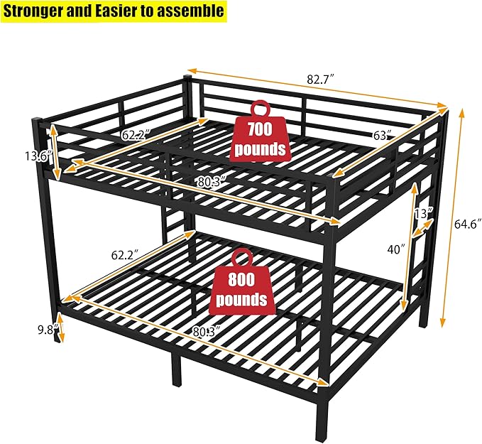 Latest Upgrade & Stronger Steel Queen Over Queen Bunk Bed, Heavy Duty Thickened More Rust-Proof Metal Bunkbed with Enhanced Legs & Slats (Easier Assembly)