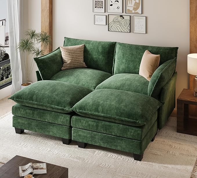 KKL Modular Sectional Sofa Bed, 4 Seater Convertible L-Shaped Sleeper Cloud Couch with Ottoman, Chenille Sectional Couches for Living Room, Apartment Green