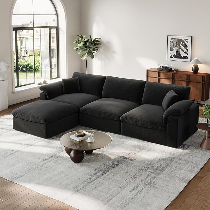 Cloud Modular Couch for Living Room,L Shape Linen Blend Sofas,Modern Deep Seat Cloud Sofas,Convertible Comfort Down Filled Sectional Couches,Removable Washable Cushion Covers,Black