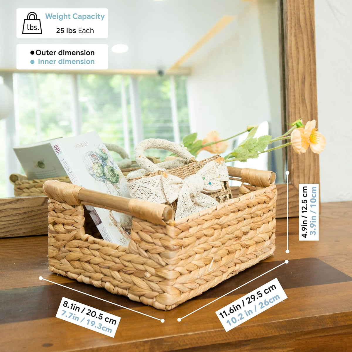 VATIMA Hyacinth Small Wicker Basket 11.6x8.1x4.9" - Bathroom Organizer, Wooden Handle, Decorative Storage