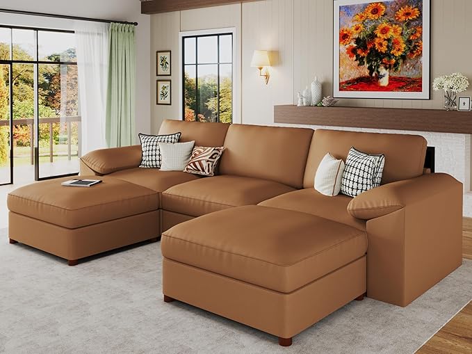 EASE MOOSE Oversized Modular Sectional Sofa,Leather Sectional Couch with Deep Seat,Extra Large U Shaped Couch,Modern Comfy Scratch Resistant Faux Leather Material Sofa,Brown