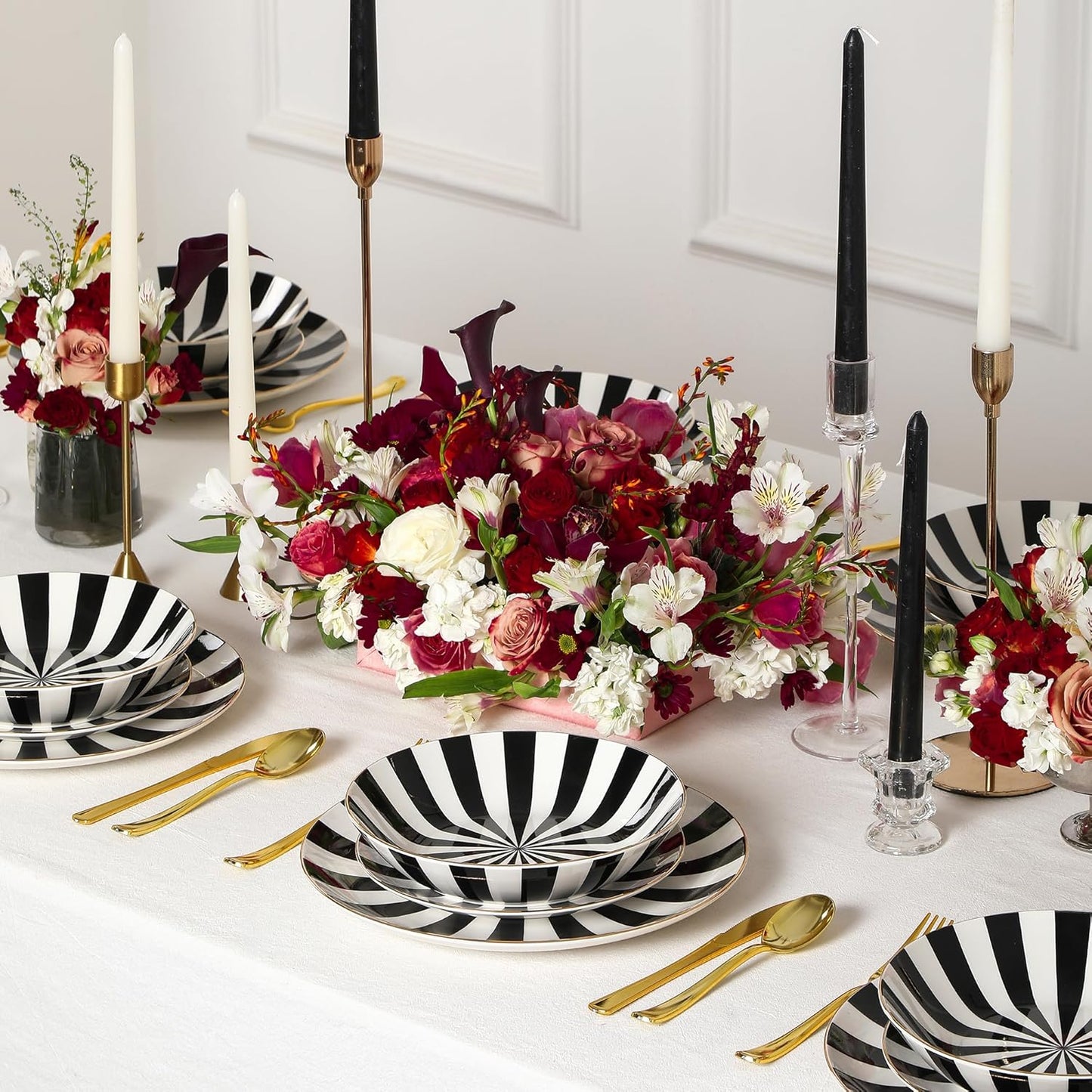 Christian Siriano Empire Porcelain Dinnerware, 12-Piece Plates and Bowls Set, Black and White Dish Set for 4, Gold Trim, Hand Wash Only