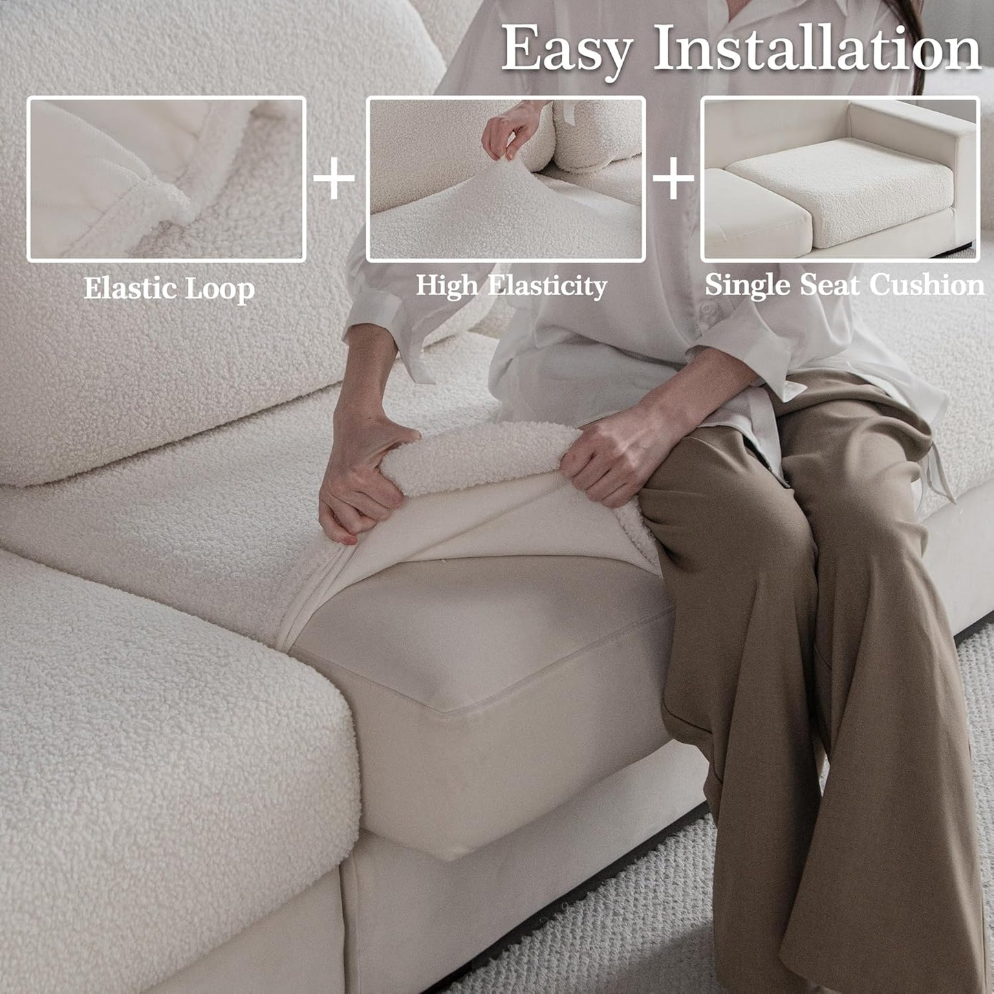Couch Cushion Covers for Sectional Sofa, Stretch Soft Sofa Slipcovers Washable Wear-Resistant Universal Furniture Protector for Living Room(1 Piece Loveseat Cover, Ivory)