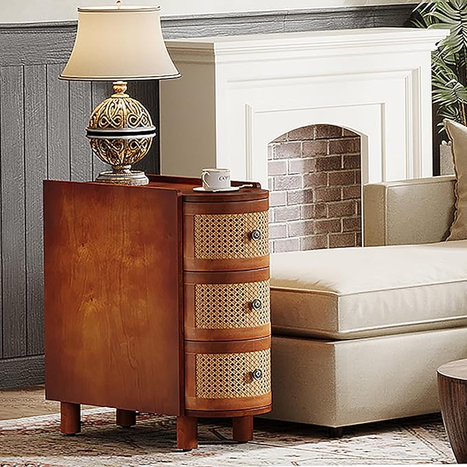 Tribesigns 3-Drawer Rattan End Table, Sofa Side Table with Vintage Embossed Handles, Slim Nightstand for Living Room, Bedroom, Finished Back, No Assembly (Walnut & Oak, 1 PC)