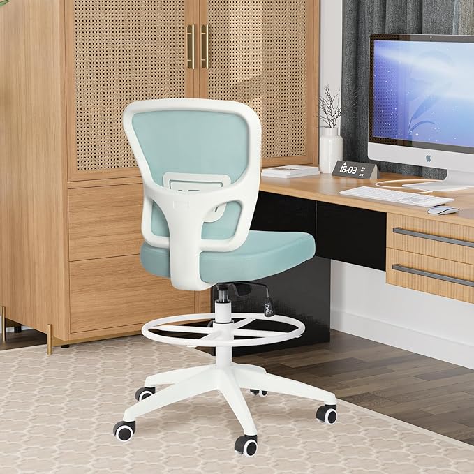 HYLONE Drafting Chair Adjustable Height Tall Office Chairs Standing Desk Chair Rolling Stool Chair Armless Office Drafting Chair Blue