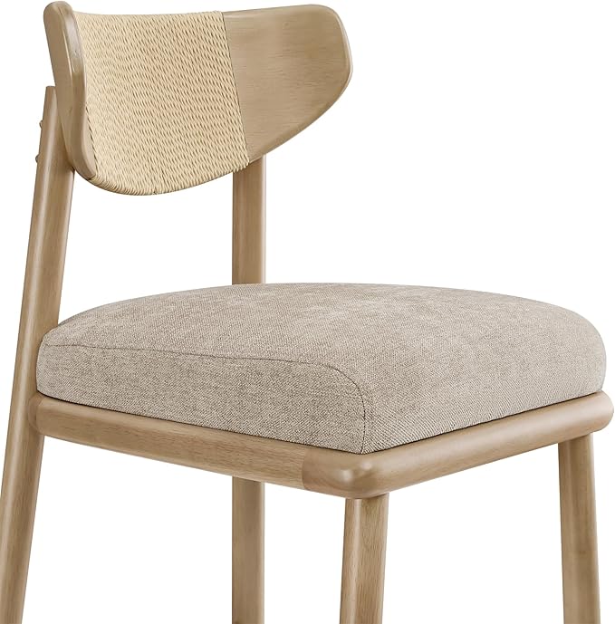 Watson & Whitely Boho Counter Height Bar Stools Set of 2, 27” Modern Upholstered Bar Stools with Natural Woven Rope Back and Solid Wood Frame for Kitchen Island, Home Bar, Fabric in Khaki