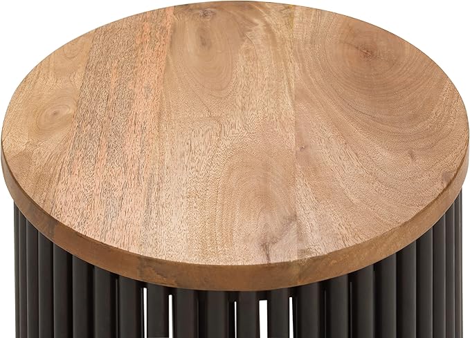 SIMPLIHOME Demy Metal and Wood Accent Table - 18 inch Wide Solid Metal Round End Table in Natural and Black, Industrial Side Table or Coffee Table for Living Room with Compact Design, Assembled