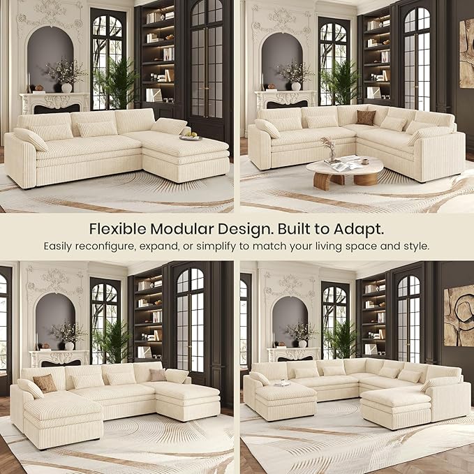 Belffin Large Modular Sectional Sofa with Deep Chaise, Corduroy U Shaped Couch with 9" Soft Dual-Layer 7 Seats Cushion for Living Room, Apartment, Beige