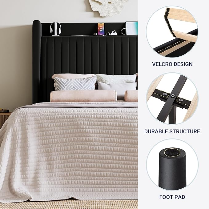Allewie Full Size Platform Bed Frame with USB Charging Station and Storage Shelf/Upholstered Velvet Wingback Headboard/Wooden Slats Support/No Box Spring Needed/Easy Assembly, Black