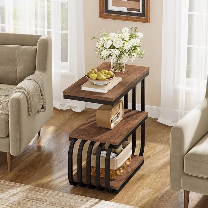 Tribesigns Small End Table, Narrow Side or Bedside Stand, 3 Tier Design Accent Table with Metal Frame, Industrial Vintage Nightstand for Living Room, or Small Spaces (1, Brown)