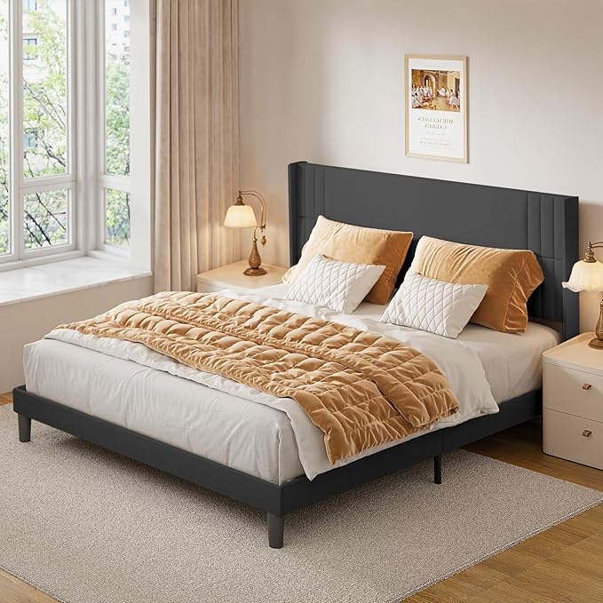 Gizoon King Size Bed Frame, Wingback Upholstered Platform Bed with Steel Frame, Wooden Slats, Noise-Free, No Box Spring Needed