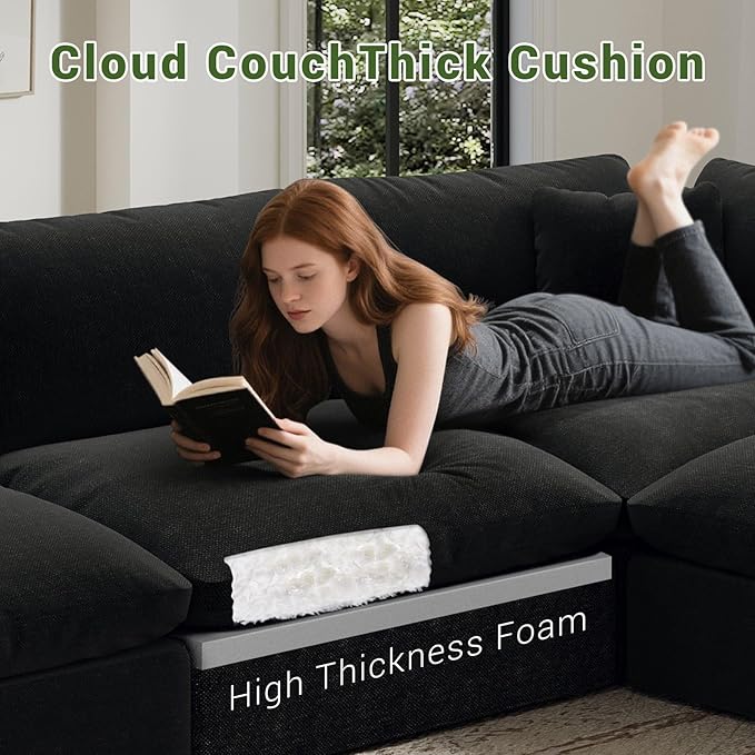 Cloud Modular Sectional Sofa,211.6" Down Filled Sofa 5 Seat with Chaise,Minimalist Sofa Cover Washable and Replaceable Couches for Living Room,Sectional Sofa Deep Seat Black