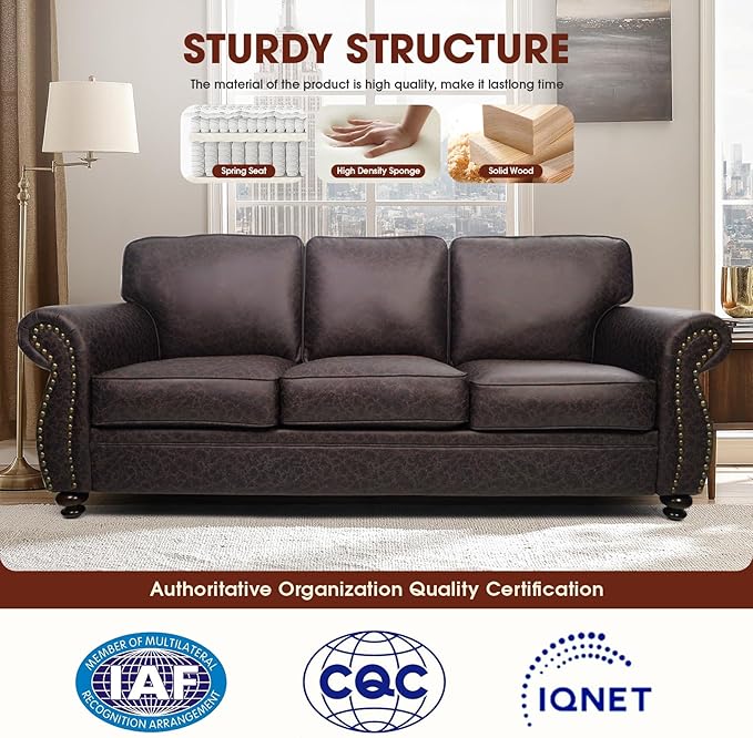 Mid-Century Vintage Sofa Couches with Rivet Design,3-Seater Sofa,Removable Sofa Cover Upholstered Cushions and Solid Wood Frame (Brown, 3-Seater)