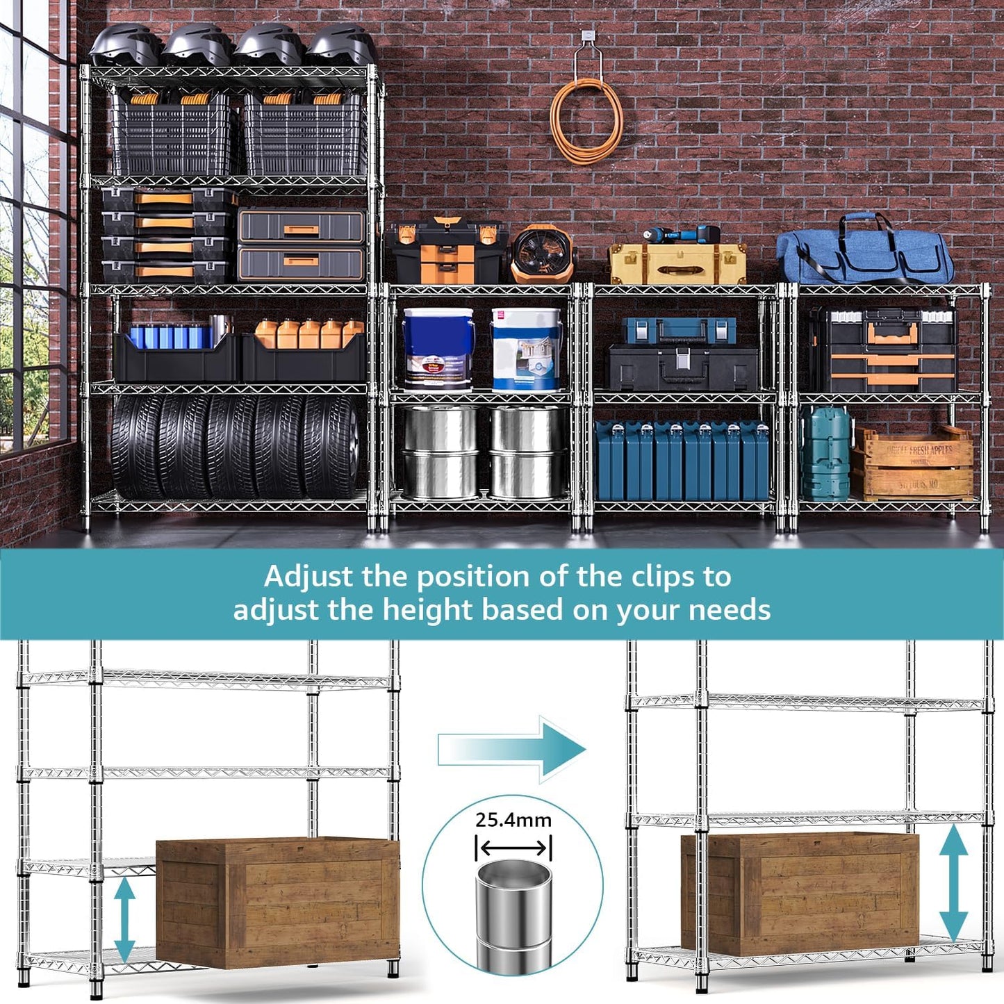 Steel Storage Shelving 6-Tier Utility Shelving Unit with Wheels, Steel Organizer Wire Rack for Home,Kitchen,Office,Garage,17.7" D x 47.2" W x 76.7" H
