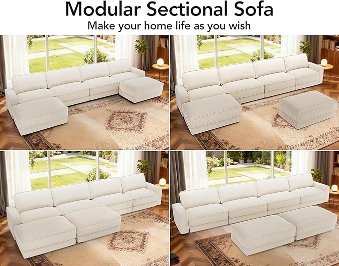 Sunny Heart 160" U-Shaped Modular Sectional Sofa, Oversized Cloud Couch with Movable Ottoman, 6-Seat Chenille Deep Seat Sofa with Pillow, Sectional Couches for Living Room, Apartment, Beige