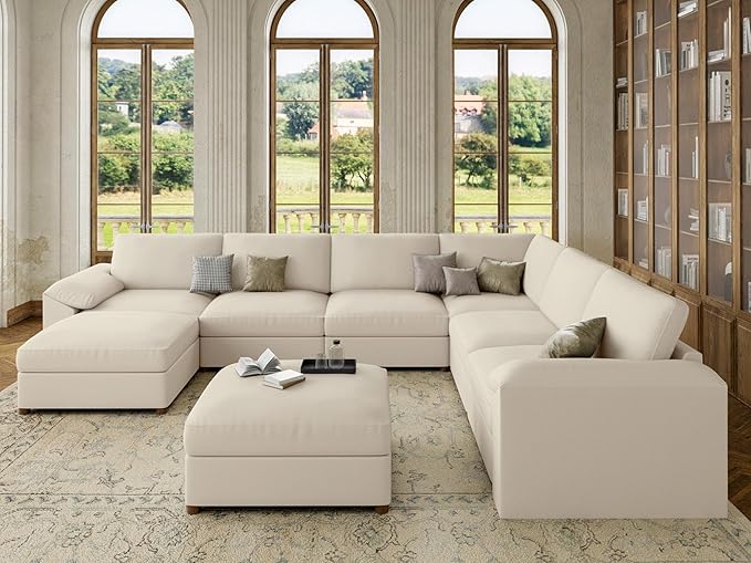 EASE MOOSE Modular Sectional Sofa, Oversized Faux Leather Sectional with Ottoman, Wide Deep Modular Couch, Scratch Resistant Faux Leather Material, U Shaped Couch for Big Spaces, Beige