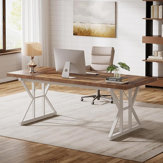 Tribesigns 70.86-Inch Large Executive Desk, Industrial Home Office Computer Desk, Simple Long Writing Study Table Business Furniture (Brown-White)