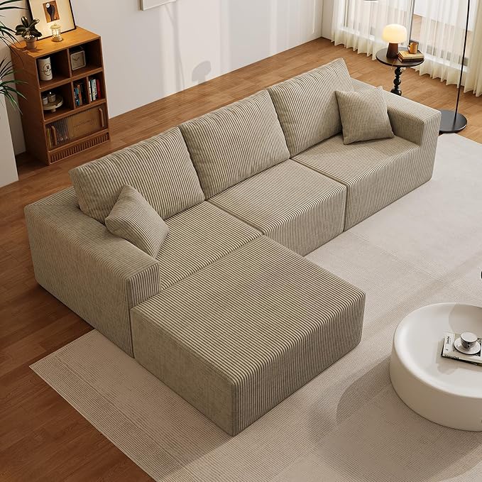 110" Boneless Cloud Sectional Couch for Living Room, Compressed Modular L-Shaped Sofa with Deep Seat, Frameless Corduroy Couch in Boxes, No Assembly Required 3-Seater (Right-Facing Chaise, Grey)