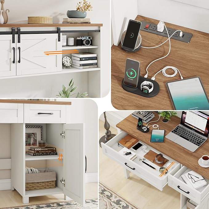 Farmhouse 47" Executive Computer Desk with 2 Drawers and Storage Cabinet, Home Office Desk with Hutch and Charging Station, Workspace for Work and Study (White&Brown).