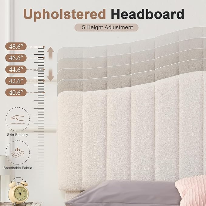 VECELO Queen Size Bed Frame Upholstered Platform Beds with Height-Adjustable Teddy Fabric Headboard, Strong Wood Slats 7.9'' Under Bed Storage Space Noise-Free No Box Spring Needed, Beige