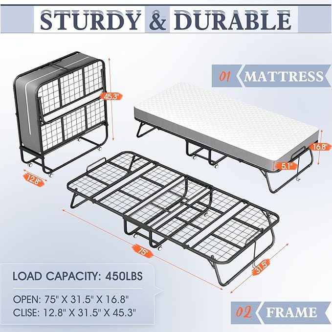 INTERGREAT Folding Bed, 75" x 31"Cot Size Portable Folding Beds for Adults, Metal Foldable Bed on Wheels for Guest, Space Saving Roll Away Beds for Easy Storage