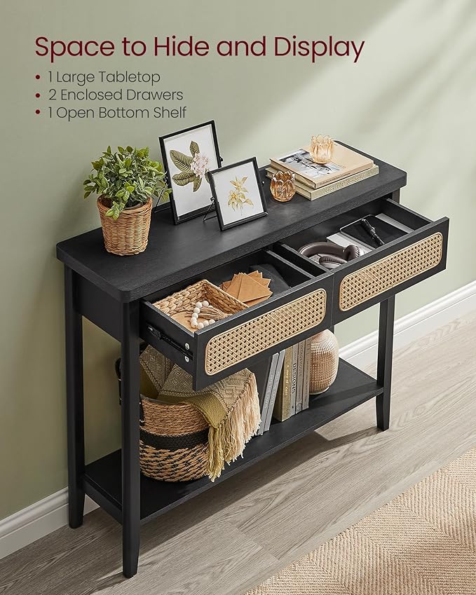 VASAGLE Console Table, Sofa Table, Narrow Entryway Table with 2 Drawers, Open Storage Shelf, Rounded Corners, for Living Room, Boho Style, Ash Black ULNT016B21