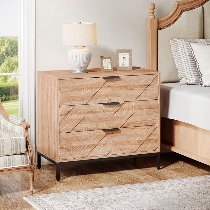 Tribesigns Wooden Nightstand with 3 Drawers, 31" Wide Night Stand with Metal Legs, Modern Large Bedside End Table for Bedroom, Living Room