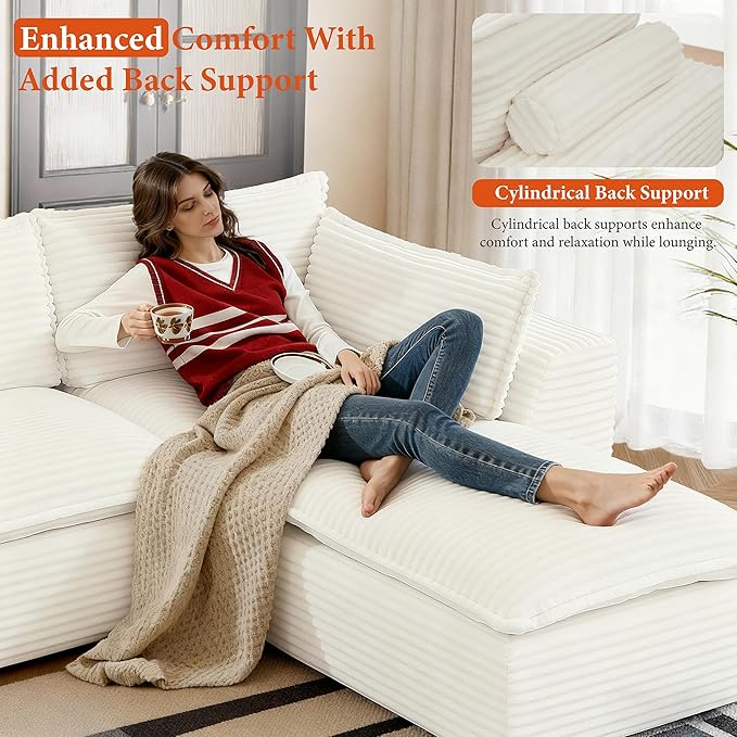 108" Sectional Couches for Living Room Boneless Couch Upholstered Cloud Couch Sectional Modular Sectional Sofa with L Shaped (Corduroy-White, 3 Seat+2 Ottoman)