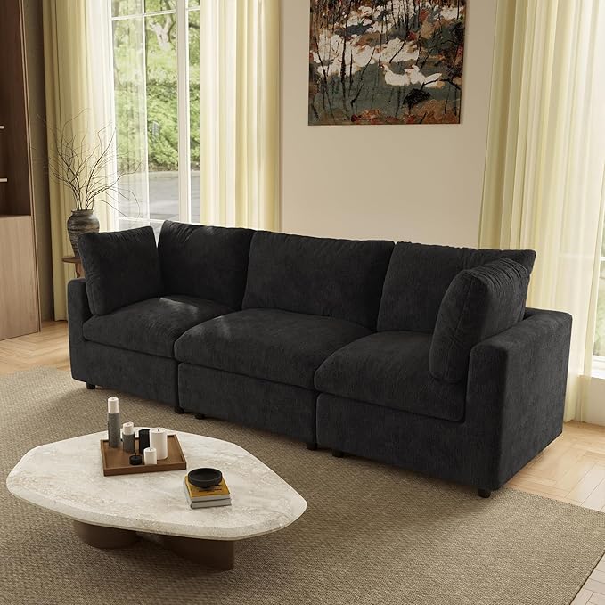 WJShome Modern Sectional Couches for Living Room,100 Inch 3-Seater Chenille Deep Seat Modular Sofa, Cloud Couch for Bedroom and Apartment，Black