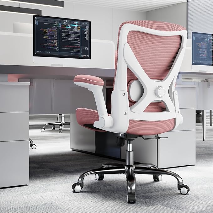 Office Home Ergonomic Desk Chair-Computer X-Shaped Chair Mesh PU Leather with Adjustable Lumbar Support-Executive Chair High Back Flip-Up Arms for Long Hours (Pink-No Headrest)